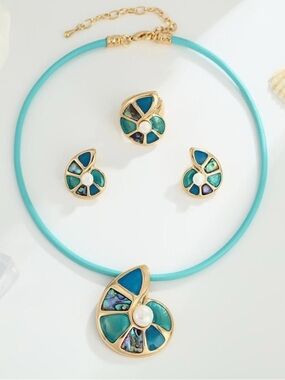 3pc Set! Gold-Tone Turquoise Shell Nautilus Necklace & Earring & Ring Set